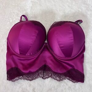 Victorias Secret Women's Magenta Purple Satin Lace Longline Bra Size 36D NWT